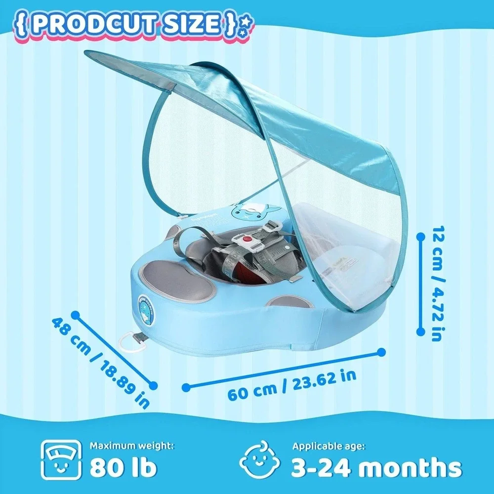 Doctor Dolphin Baby Swimming Ring Air-Free w/ Canopy & Safety Harness 3–24M NEW